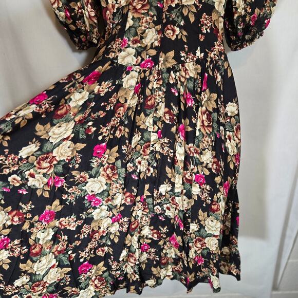 Vtg Floral Lace Bib 80s Midi Dress Shoulder Pads Modest Church 11 Medium USA - Picture 12 of 15